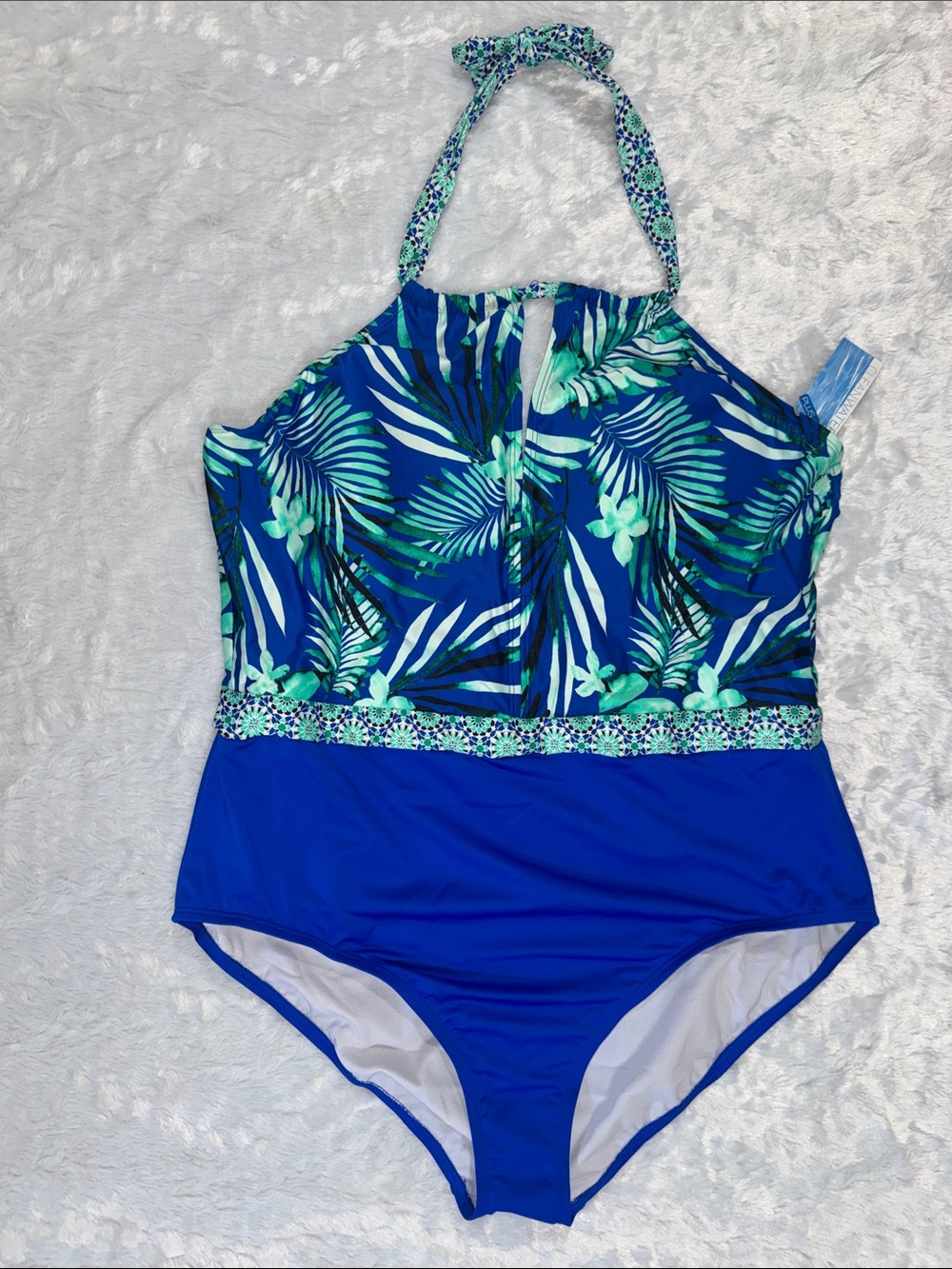 Clean water NWT Blue Tropical Halter One-Piece Swimsuit with Green Leaf Print